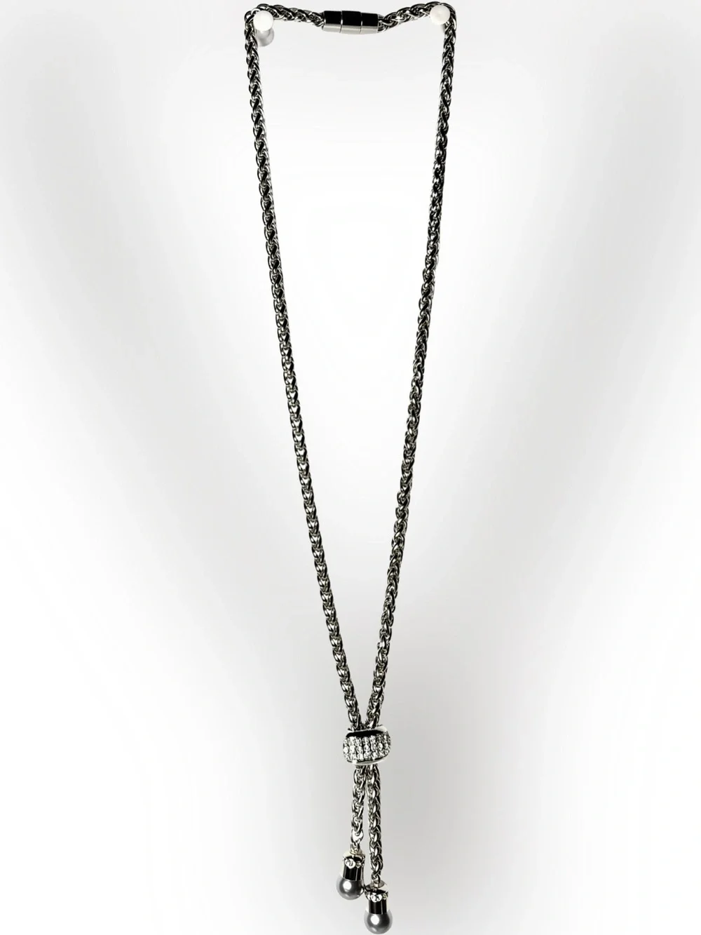 Silver Crystal Pavé Bead Chain Bolo Necklace